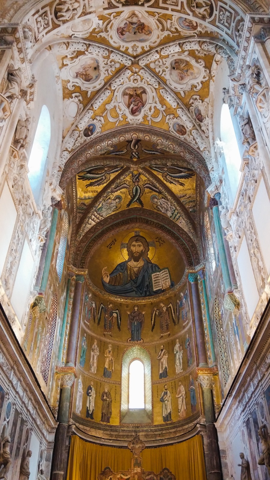 Mosaic-covered interior of Cefalù Cathedral in Sicily