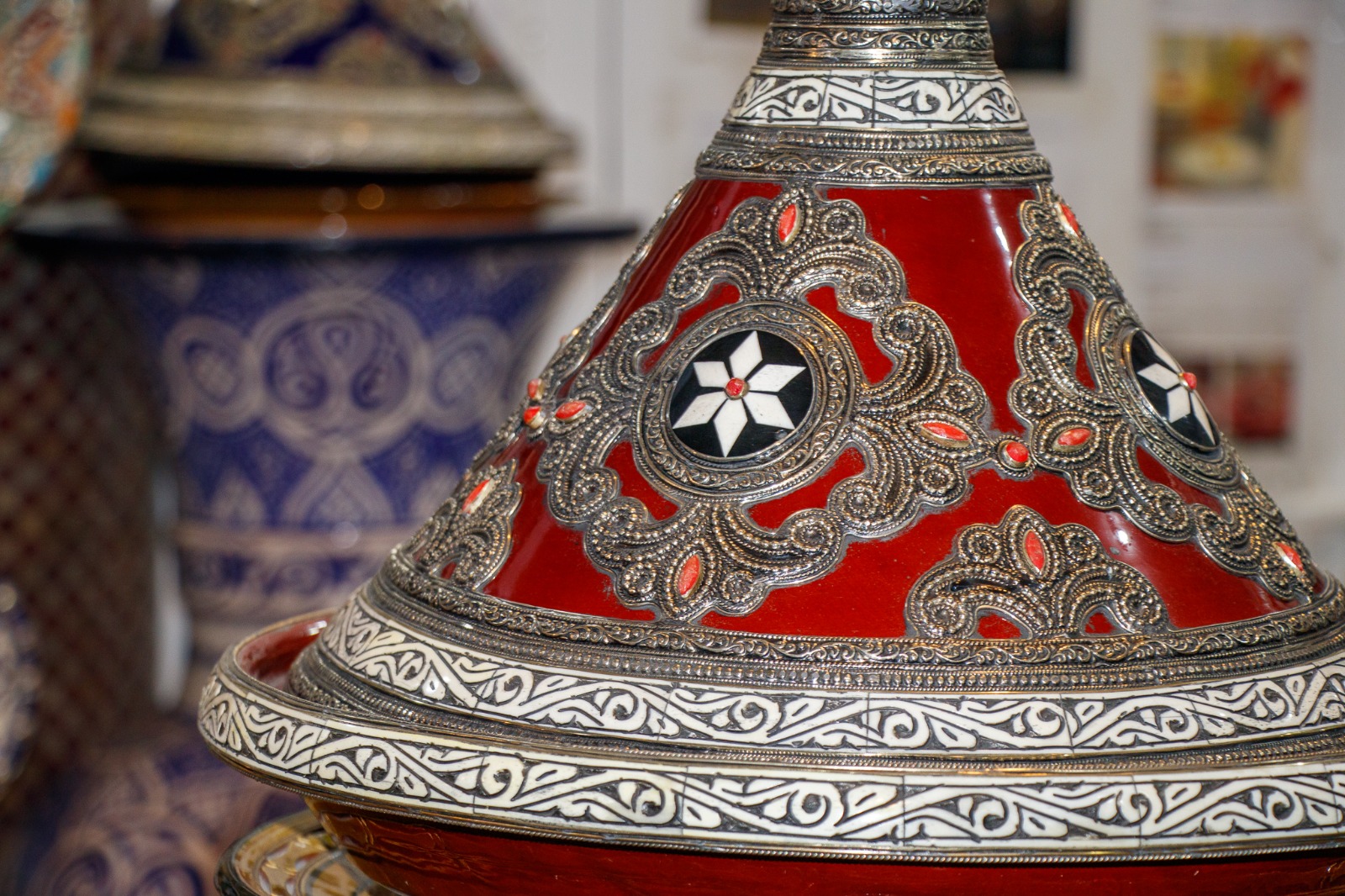 Decorative Moroccan tagine displayed in Fes, Morocco